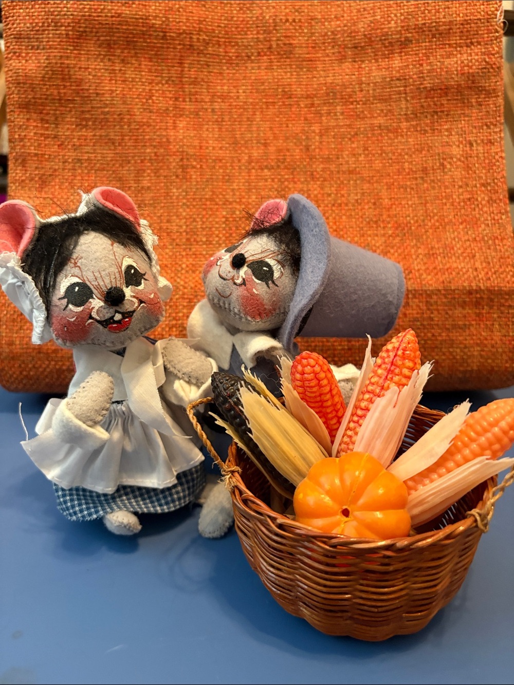 Annalee Gray and Pink Mouse Pair with Harvest Basket